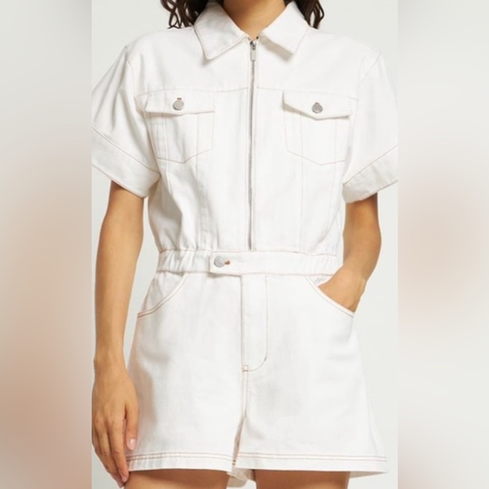 We wore what White Short Sleeve Denim Zip-Up flight Romper xs nwt 158 msp